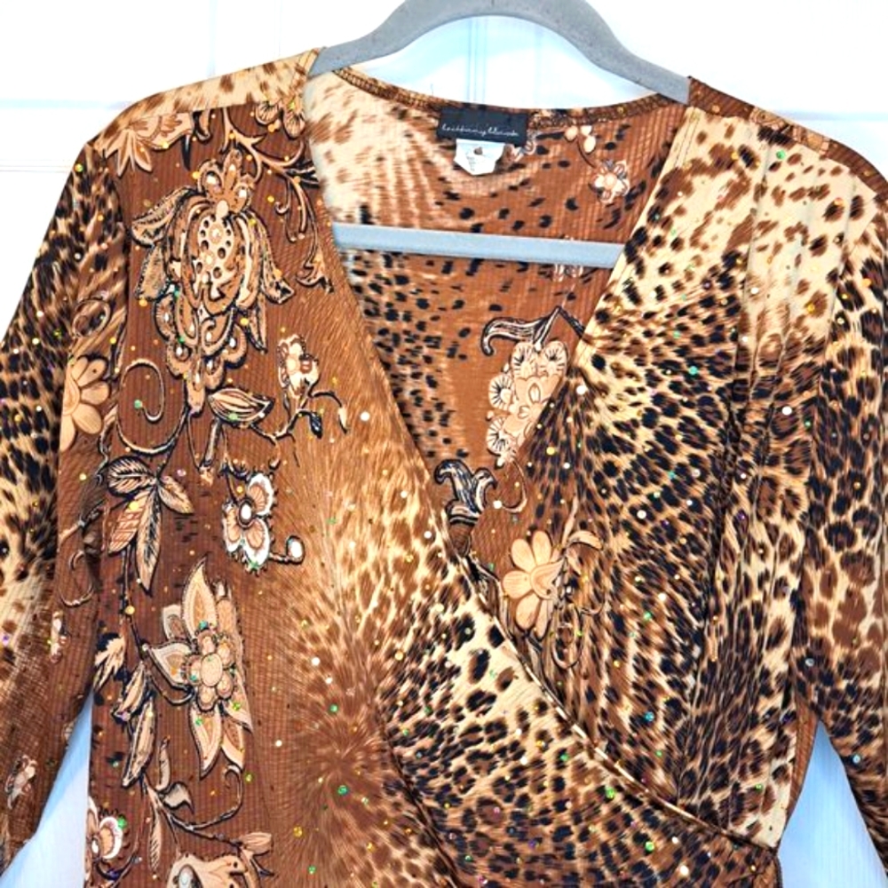 Brittany Black Sequin Animal Print Floral Wrap Blouse Size XL - Picture 3 of 6